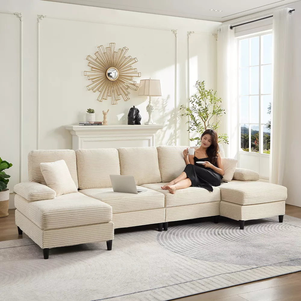 Mjkone Modern Linen 107" Convertible L-shaped Couch, Oversized Sectional Sofa, 5 Seat Corner Sofa Couch With Carbon Steel Legs