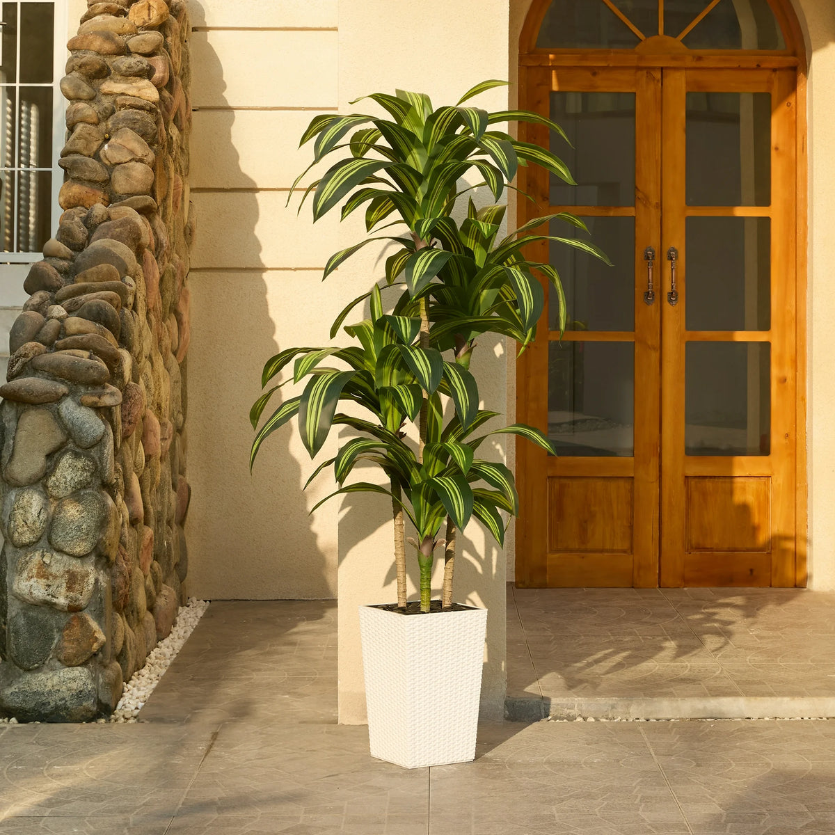 DR.Planzen 6FT Artificial Dracaena Tree with UV-Resistant Silk Leaves in White Tall Planter - Indoor/Outdoor Faux Plant for Home Office House Decor, Tall Fake Tree for Living Room Lobby Patio