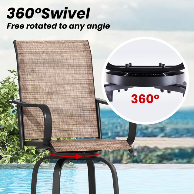 Farini Outdoor Bar Stools Set of 2, 360°Swivel Patio Barstools with Textile Fabric,Ergonomic Comfort Bar Height Tall Outdoor Stools for Balcony,Brown