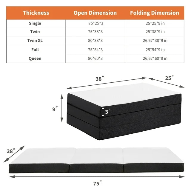 3 Inch Tri-fold Memory Foam Mattress, Portable Foldable Floor Bed,Portable Floor Mattress for Guest/Travel/Camping/Yoga - Twin Size