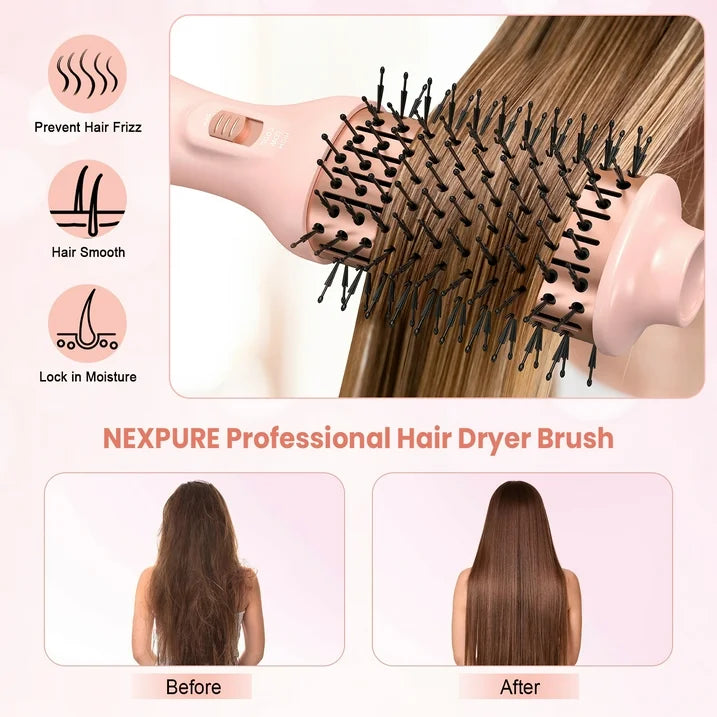 NEXPURE Hair Dryer Brush, Pink 4 in 1 Blow Dryer Comb, Professional Salon Ceramic Hot Air Brush
