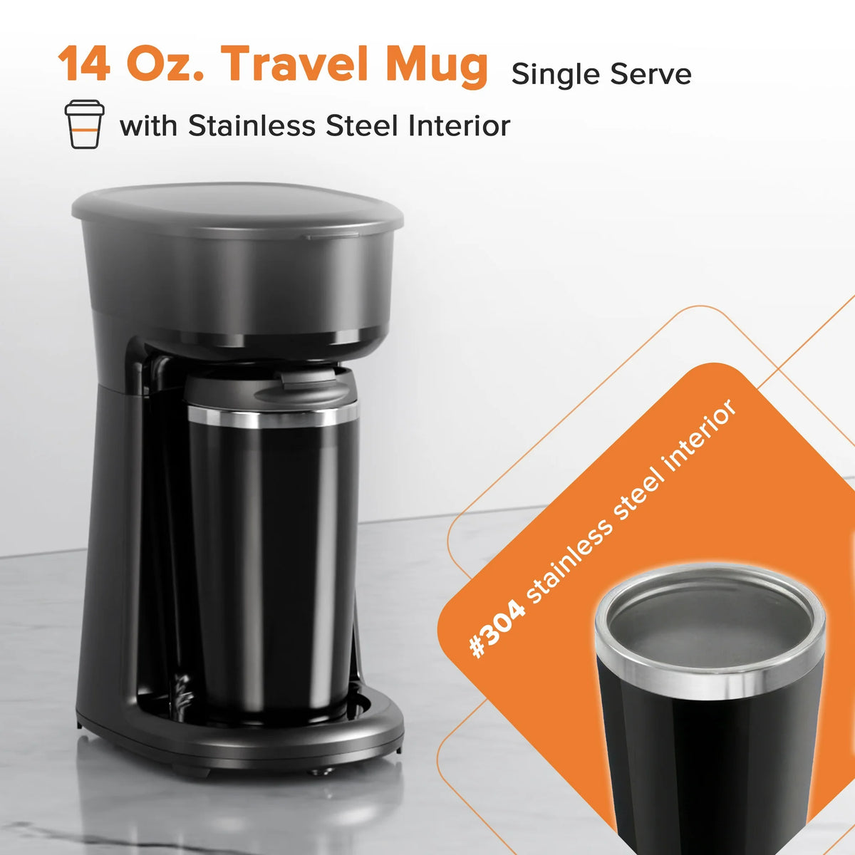 Auseo Mini Single Serve Coffee Maker Personal, 14Oz. Thermal Travel Mug with Stainless Steel Interior, Compatible with Coffee Grounds(Not Compatible with K-Cups), Reusable Filter, Black