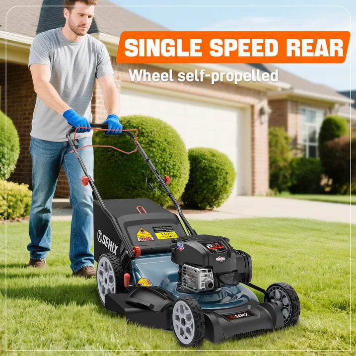 SENIX 22 Self Propelled Gas Lawn Mower, 163 cc 4 Cycle Made in USA Briggs Stratton Engine Push Mower, 3 In 1, One step Start, 6 Position Height Adjustment, 11 In Rear Wheels, LSSG H1