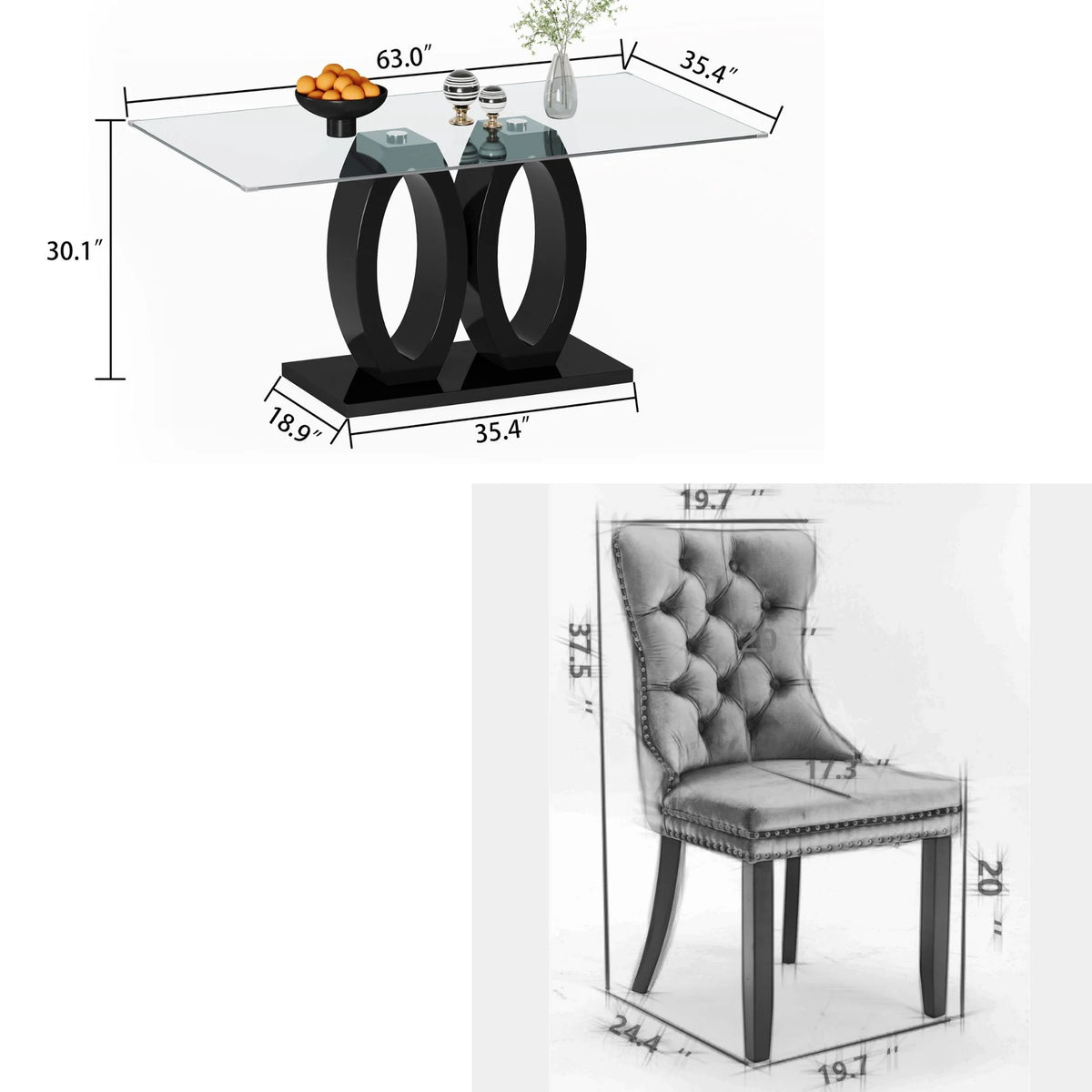 Sumdeal Contemporary 5-Piece Dining Table Set - 63" Tempered Glass Table with Black Double Pedestal Base & 4 Black Velvet Tufted Dining Chairs