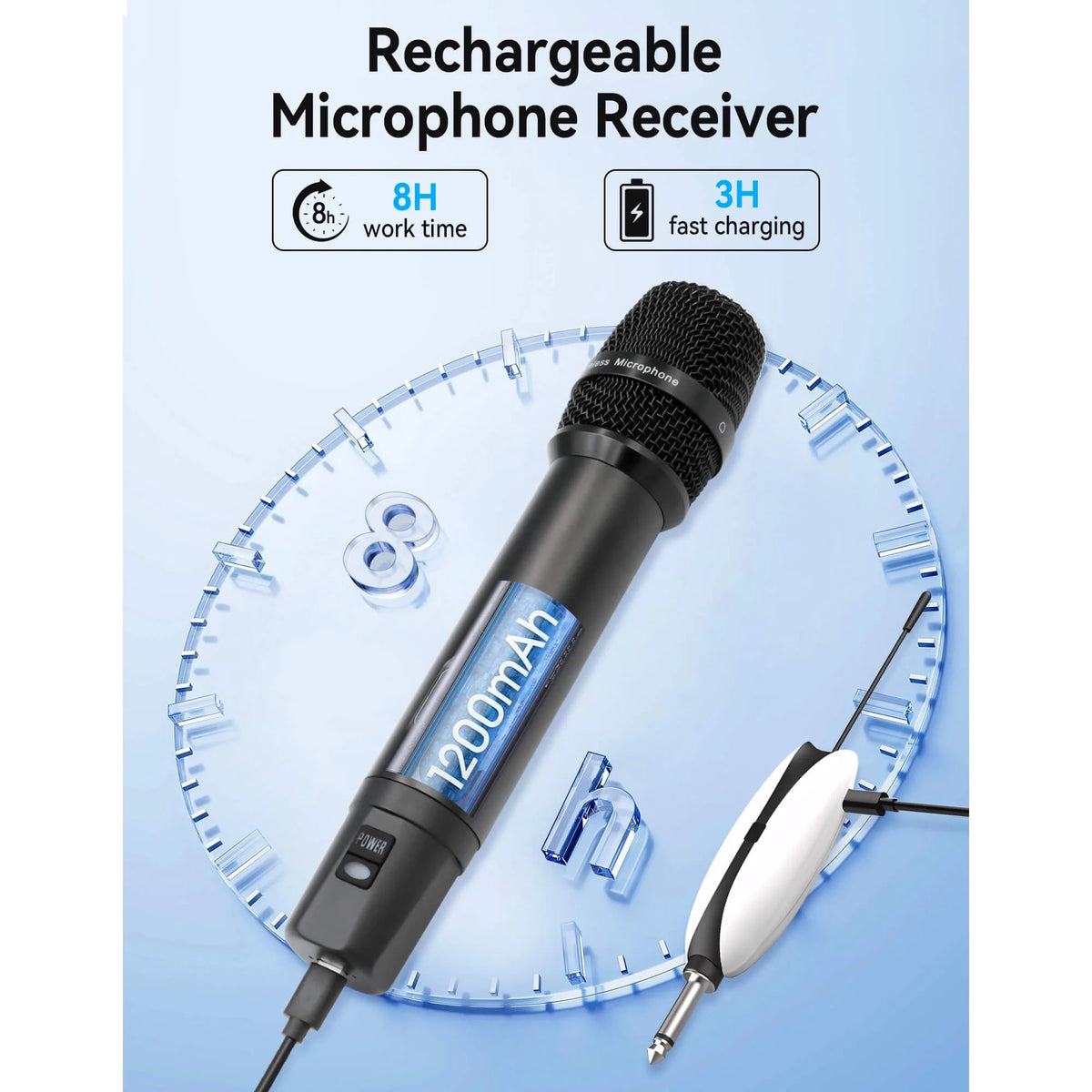 Fixdono Wireless Microphones, Metal Dynamic Microphone System with Rechargeable Receiver for Karaoke Singing, Wedding, DJ, Party, Speech, Church, Class, 240ft