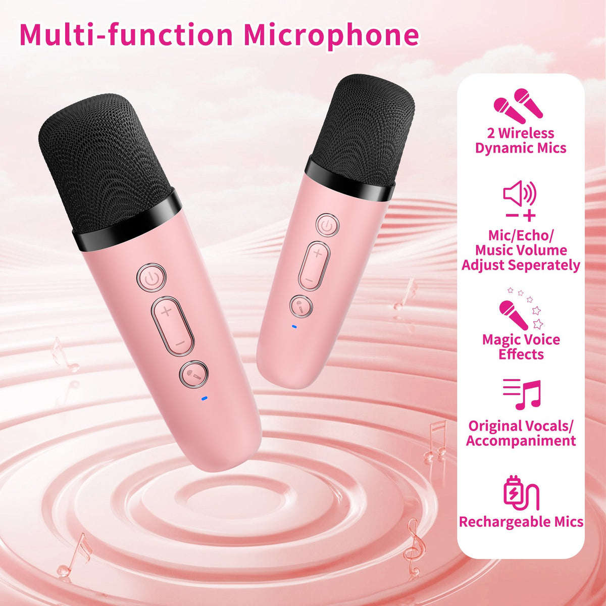 Mini Karaoke Machine for Kids,ZealSound Christmas Birthday Gifts for 3-14 Years Toys for Girls Boys Toddler,Portable Bluetooth Karaoke Machine with 2 Wireless Microphones and Light Speaker,Pink 2Mics
