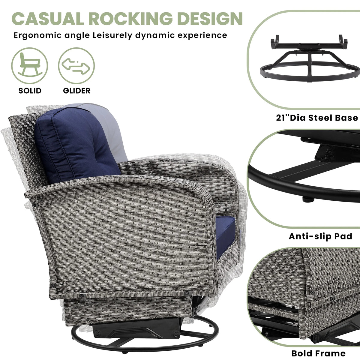 Segmart 3-piece Patio Furniture Set, Outdoor Conversation Set Swivel Rocking Chairs for Patio Porch Deck, with Coffee Table & Thickened Cushions