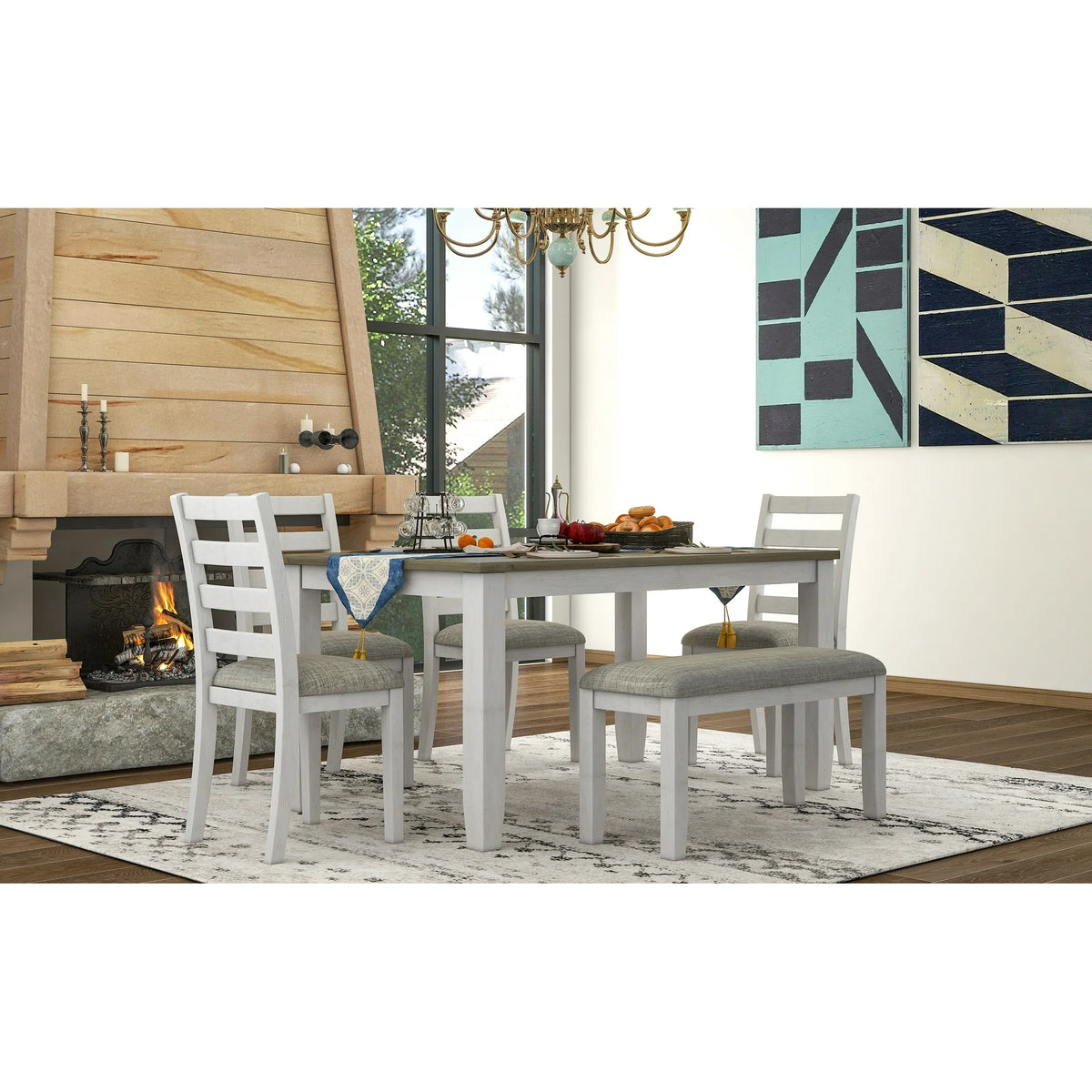 EUROCO Rustic Style 6-Piece Dining Room Table Set with 4 Upholstered Chairs & a Bench