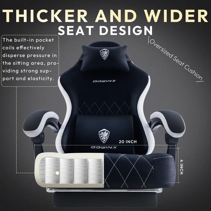 Dowinx Fabric Gaming Chair with Pocket Spring Cushion High Back Ergonomic Office Chair, Adjustable Footrest & Lumbar Support, 300lbs Capacity, Black