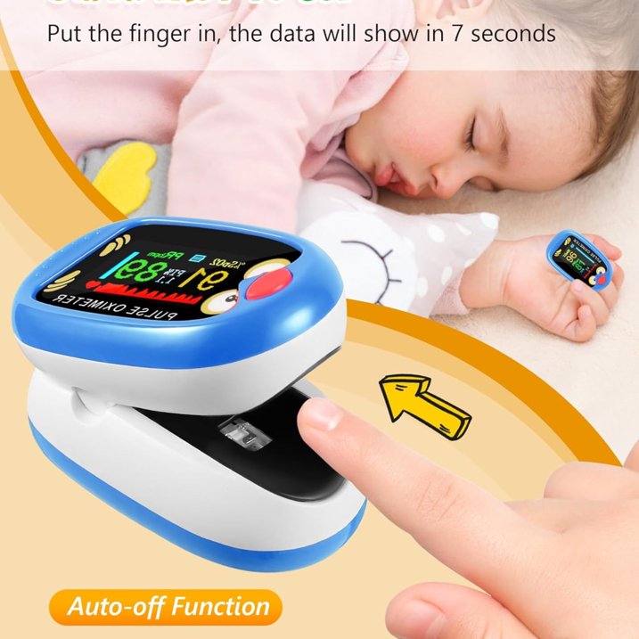 Pulse Oximeter, Rechargeable Oximeter for Kids Children, Blood Oxygen Saturation, Pulse Rate Monitor, Cute Cartoon Design, USB C Charging,Blue