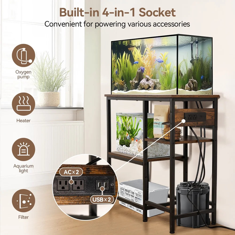 Fish Tank Stand with Power Outlets, 20-37 Gallon Metal Aquarium Stand with 3-Tier Storage Shelf, Heavy Duty Fish Tank Rack, Brown