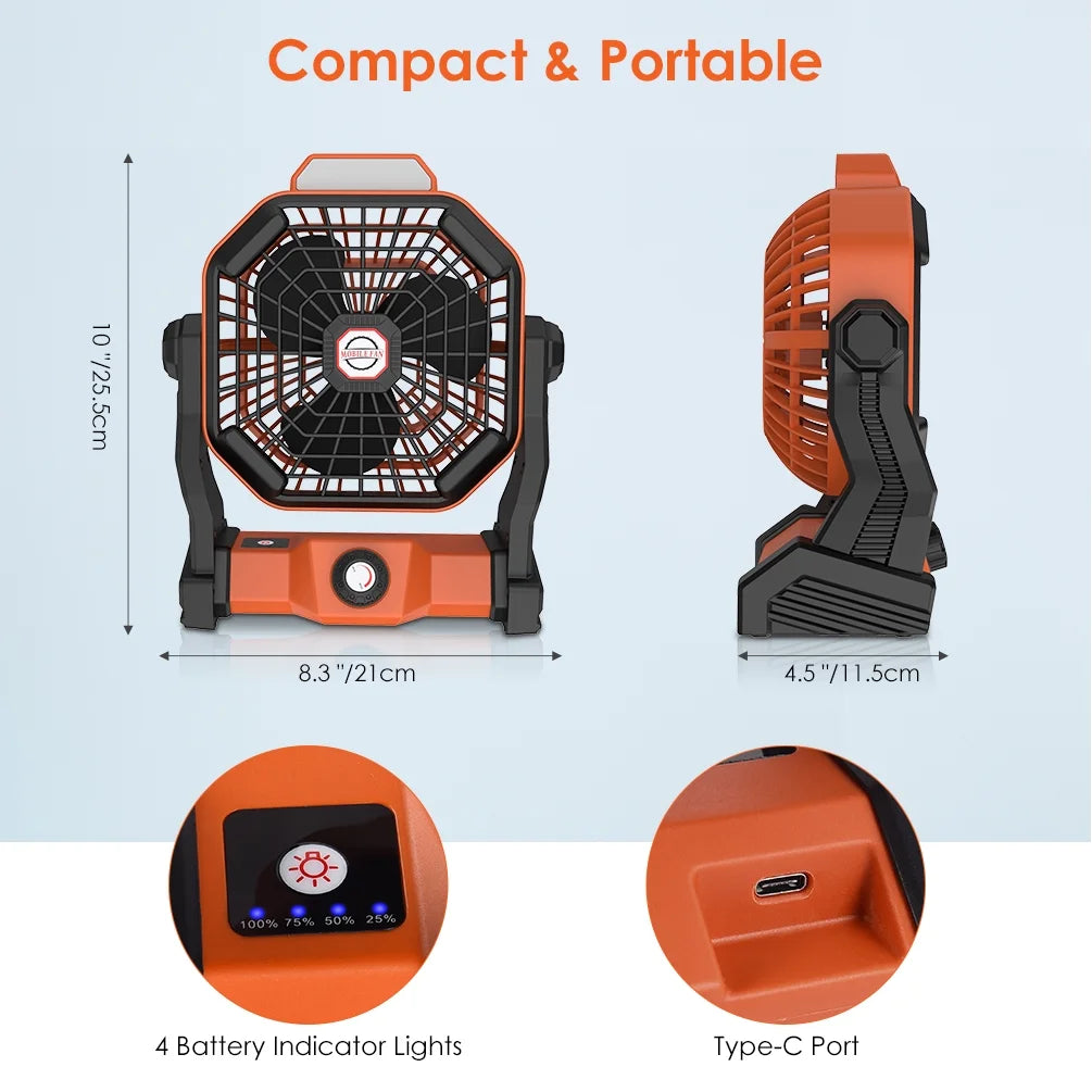 Uarter Camping Fans for Tent 10 inch Stepless USB Rechargeable Fan 5000mAh Battery with Outdoor LED Light, 270 Rotation, for Office,Bedroom,Outdoor