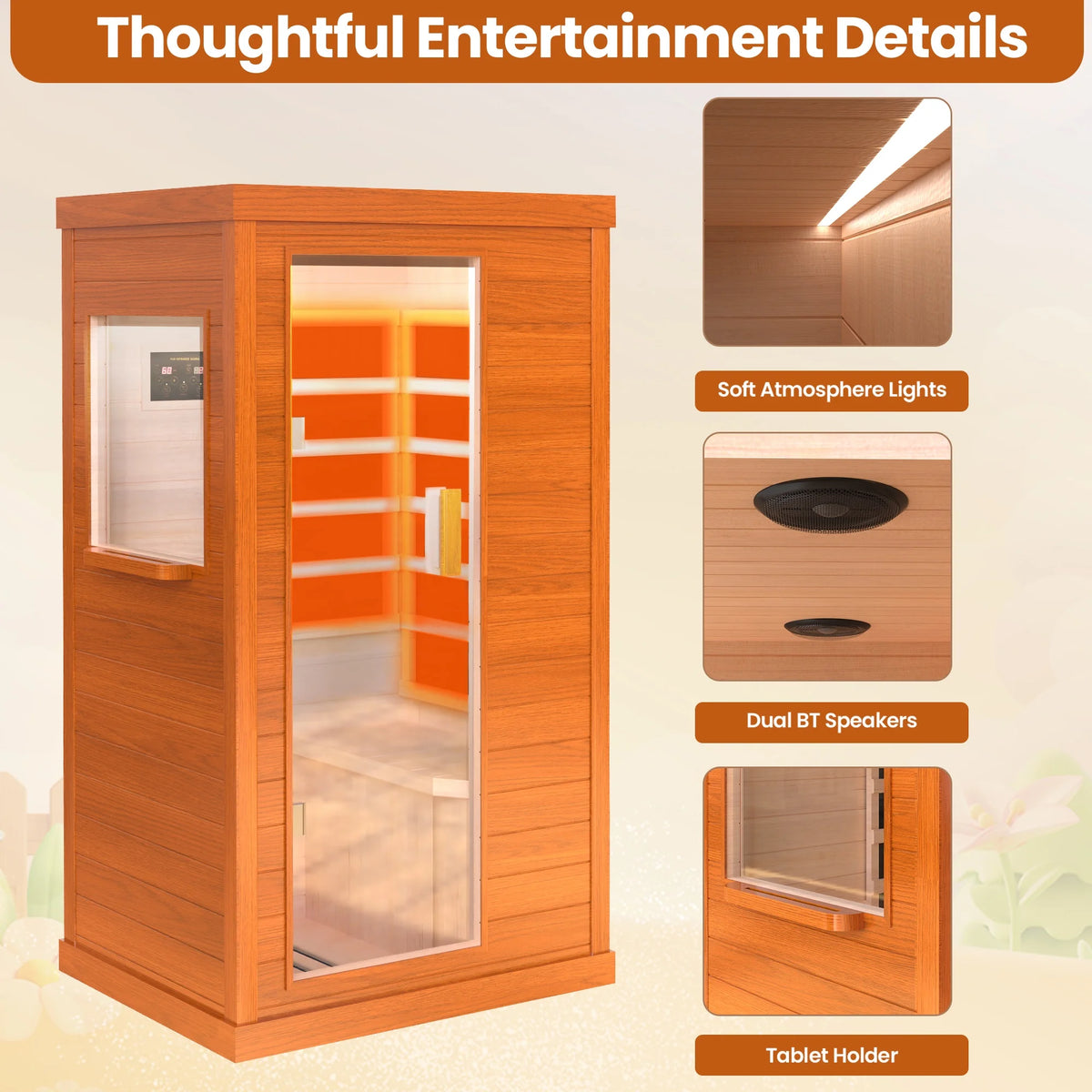 Seizeen Far Infrared Home Sauna 360°Heating w/Independent Floor Heating, Ambient Lights, Dual Speakers, Tablet Holder, 900W