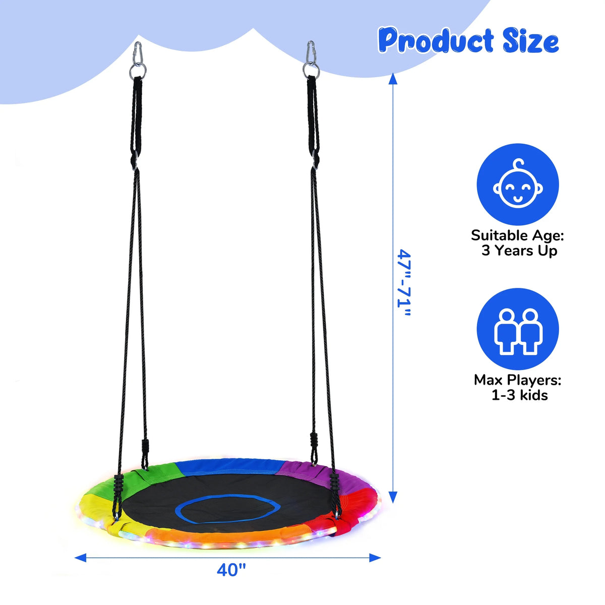 KloKick 700lbs 40 Saucer Tree Swing for Kids Adults Durable Outdoor Swing with LED Lights, 2 Tree Hanging Straps. Rainbow