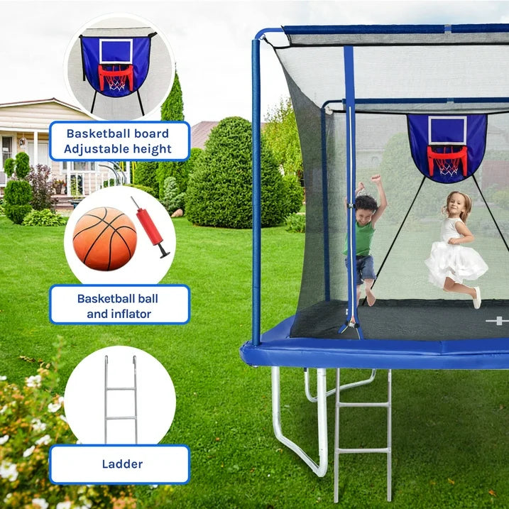 SHINPT 8 12FT Heavy Duty Rectangular Trampoline with Safety Enclosure Net, Basketball Hoop Ladder for Kids and Adults, 1200 lbs Capacity, Ideal for Outdoor Gymnastics Backyard Fun