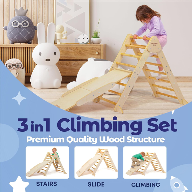Pikler Triangle Set, RongTrading 2 PCS Montessori Climbing Set, Wooden Climbing Toys, Indoor Jungle Gym for Toddlers 0.5-6 Years Old