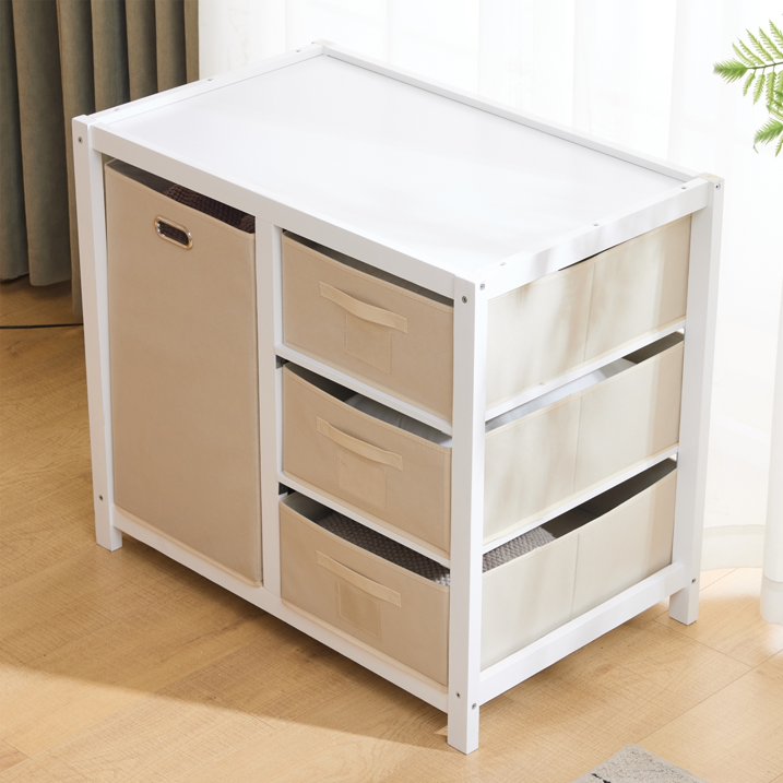 HSUNNS Diaper Changing Table, Wooden Infant Changing Table Dresser with Removable Top, 3 Fabric Drawers and Fabric Bag, Baby Changing Station for Nursery, White