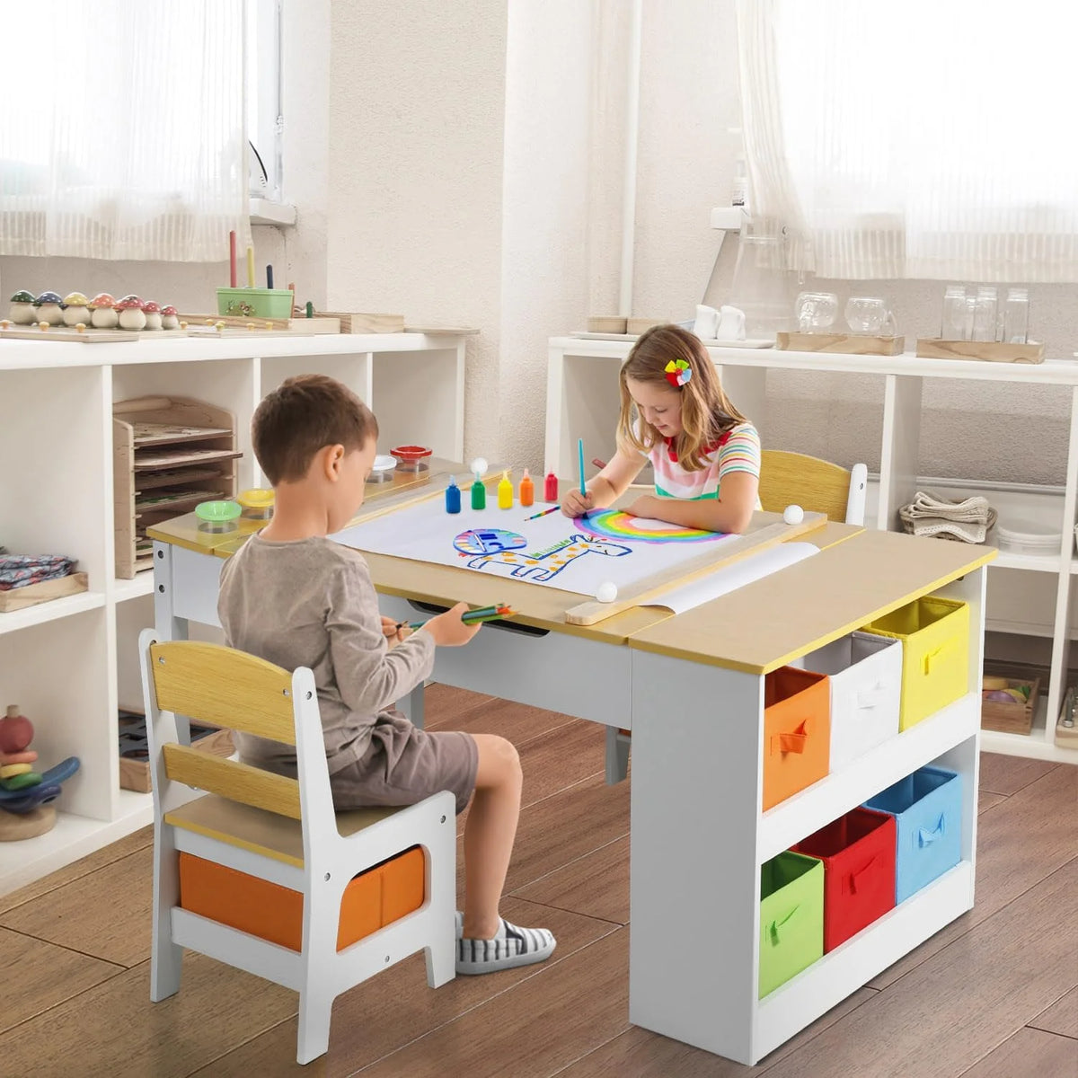 LINLUX 3 in 1 Kids Drawing Table and Chair Set with Art Easel, Toddler Activity Desk for Painting,Natural