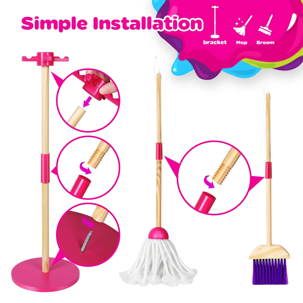 JoyStone Wooden Toddler Cleaning Set, Pretend Play Household Cleaning Tools Giftsfor Kids Age 3-6, Includes Broom, Mop, Duster and Dustpan, Safe & Durable, Pink