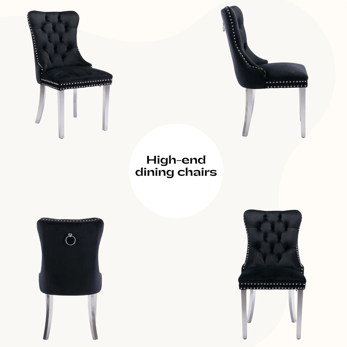 Sumdeal Velvet Dining Chairs Set of 4, Tall Back Side Chair, Modern Upholstered High-end Tufted Side Chair with Button Back Ring,Black with Silver Leg
