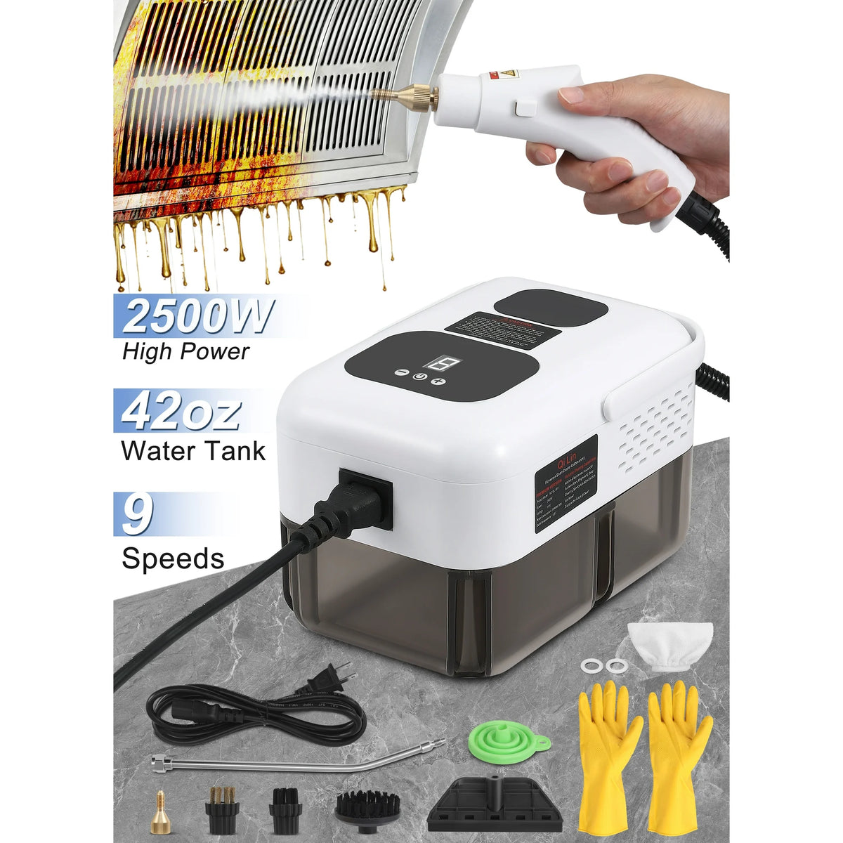 ALILYY Steam Cleaner 2500W Handheld Steam Cleaner for Home,Steamer for Cleaning with 42oz Water Tank,6 Cleaning Attachments for Cleaning Stubborn Stains,Grease,Floors,Couches & Cars,Black