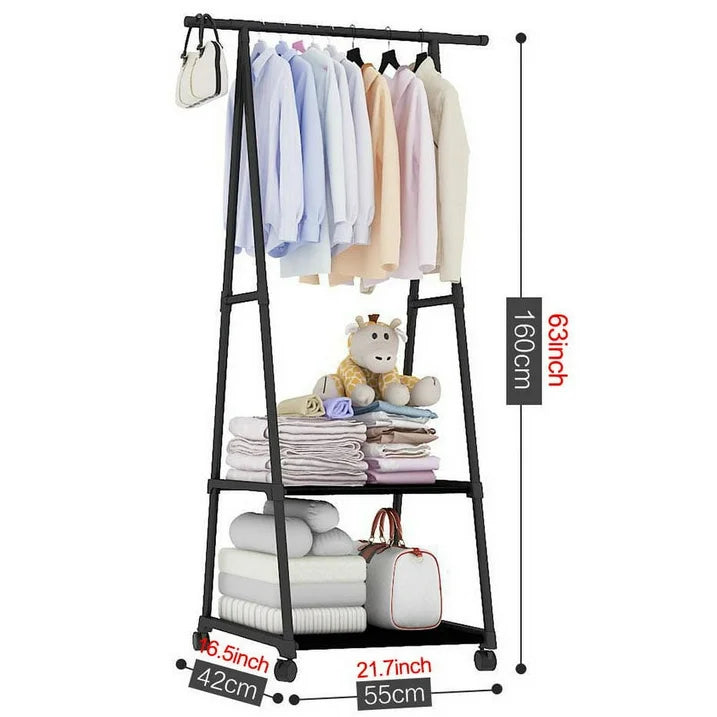 Clothes Rack on Wheels, Stainless Steel Rolling Garment Rack with with 2-Tier Storage Shelves and 2 Coat Hooks for Shoes, Clothing, Portable Garment Laundry Rack for Home Office