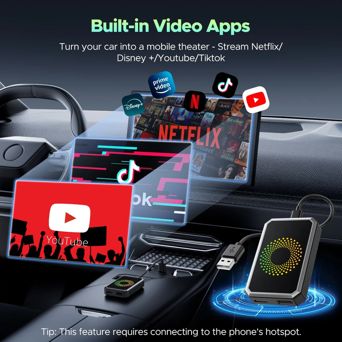 Lamtto Wireless Carplay Adapter, 3 in 1 Magic Video Box with Built in Netflix YouTube, Dongle with USB Drive and HDMI Output for OEM Wired Apple Car Play and Ared Apple Car Play and Android Auto Cars