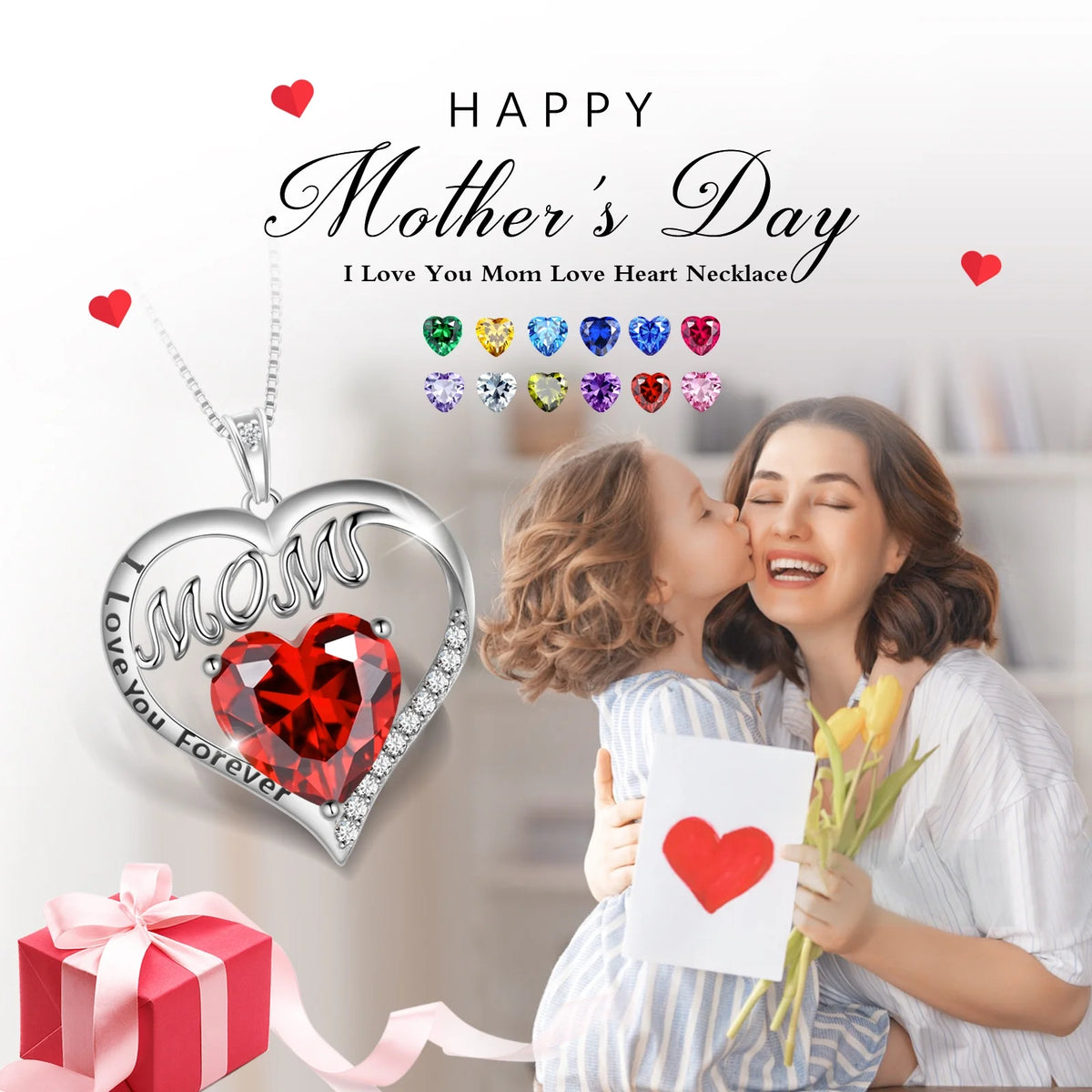 Juwaliy Women Necklace for Mom Grandma Mother's Day Gifts, Heart May Birthstone Necklace Emerald Green 925 Sterling Silver Pendant Christmas Jewelry