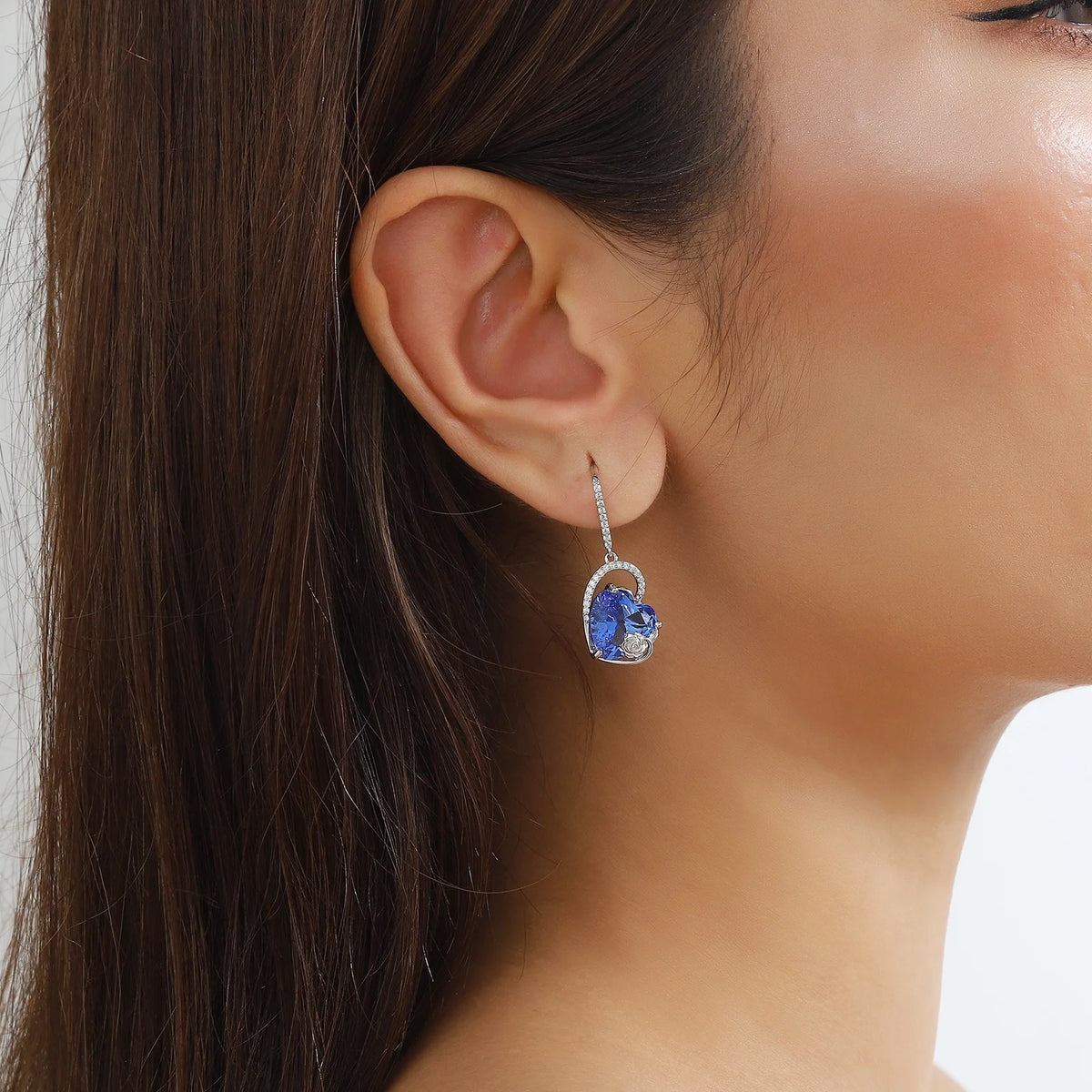 Juwaliy 925 Sterling Silver Earrings Women Heart December Birthstone Hook Dangle Earring Tanzanite Blue Rose Flower Jewelry Mother Birthday Christmas Gift
