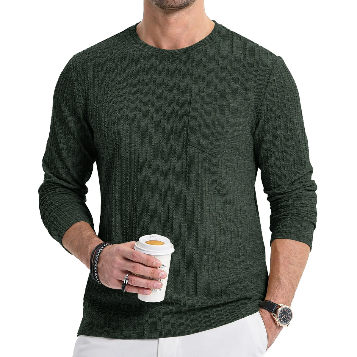 Thrilos Mens Long Sleeve Shirts Crewneck Casual Tops Pullover Work Shirts Stretch Textured Knit T-Shirts with Pocket