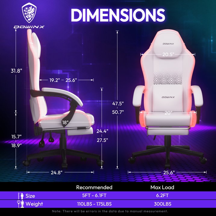 Dowinx RGB LED Gaming Chair with Massage Lumbar Support Footrest Ergonomic PU Leather Video Game Chair for Adults, White
