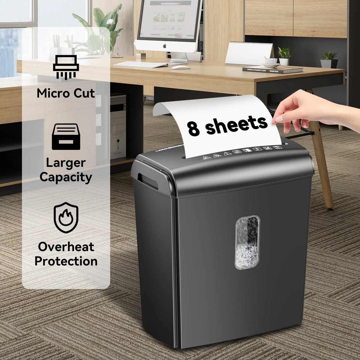 Locksworth 8-Sheet Micro Cut Paper Shredder P-4 High Security for Home Office Use with Handle, Shreds Credit Card/Staple 4 Gallons(Black) Visual Window Wastebasket