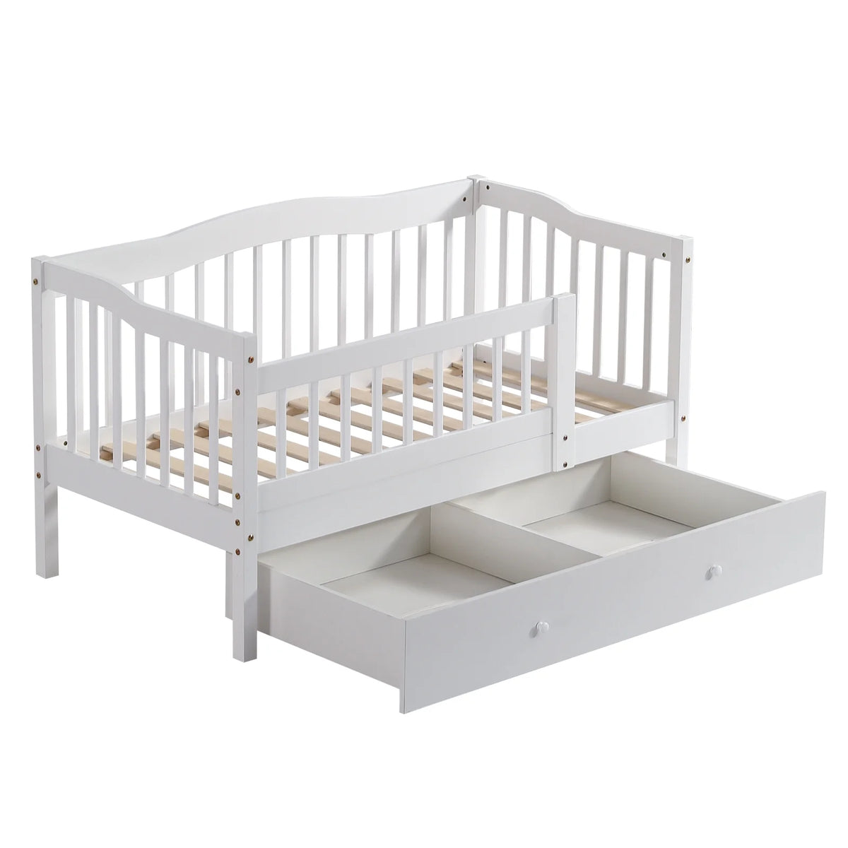 Zimtown Toddler Daybed, Wood Kids Day Bed Frame with Storage Drawer, Children Classic Sleeping Bedroom Furniture w/Safety Rail Fence (White)