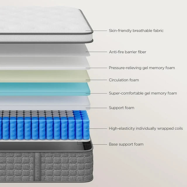 GREOO Queen Mattress in a Box, 12 Inch Hybrid Cooling Gel Memory Foam Mattress, Individually Pocket Coils, Medium Firm, Pressure Relief, CertiPUR-US