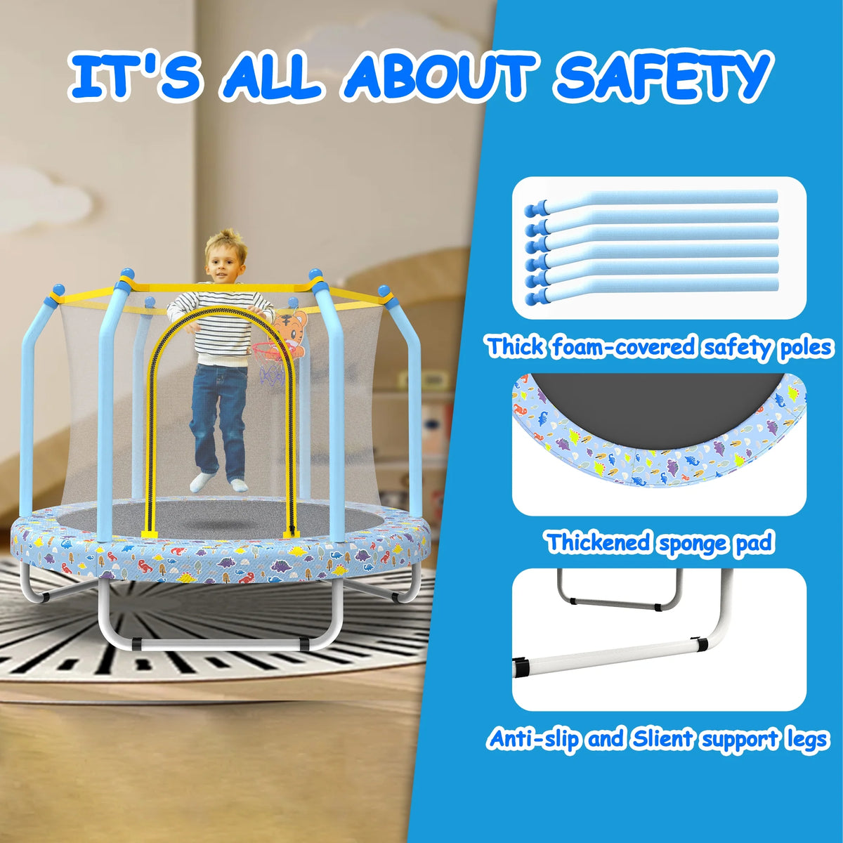 BTMWAY 55 Toddler Trampoline with Enclosure, Child's Mini Trampoline for Kids, Indoor Outdoor Baby Trampoline with Basketball Hoop, Children's Trampoline with ASTM Certification