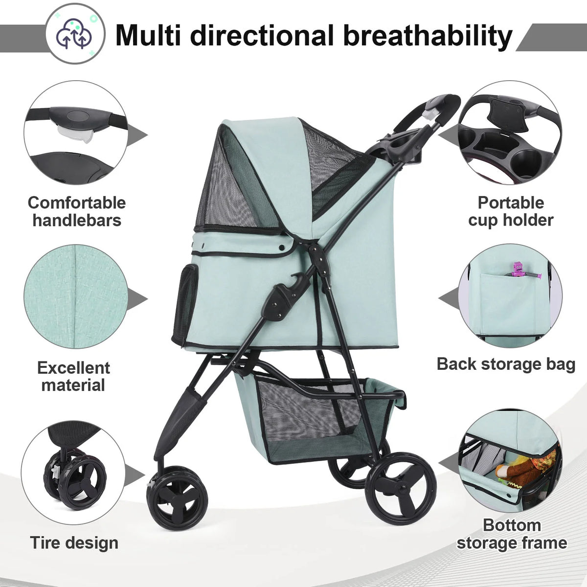 Dog Stroller, Wedyvko 3 Wheels Foldable Pet Strollers with Storage Basket and Cup Holder for Small and Medium Cats, Dogs, Puppies (Blue-green)