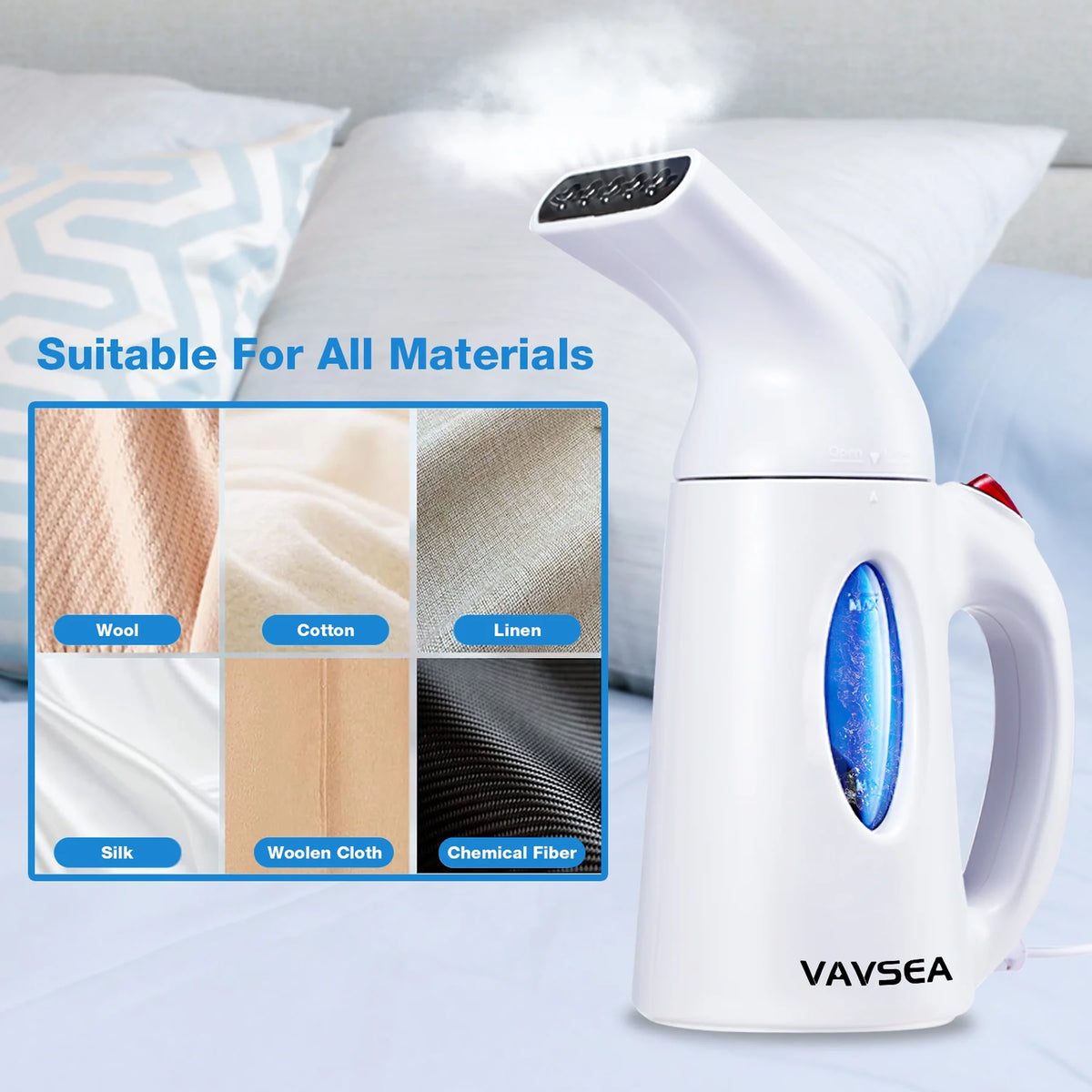 VAVSEA Steamer for Clothes, Portable Garment Steamer, Auto Shut off Function, Wrinkles/ Steam/ Soften/ Clean/ Sterilize, White