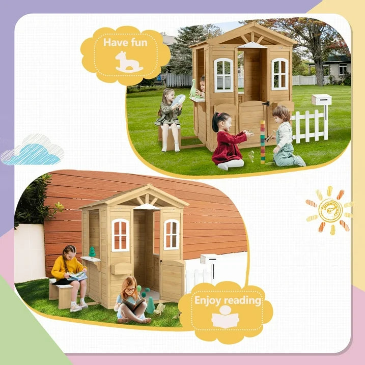 iYofe Outdoor Playhouse, Wooden Kids Playhouse with Working Door, Windows, Mailbox, Bench, Flowers Pot Holder, Toddler Playhouse for Kids Outdoor Indoor Playset for Kids 3-6 Years Old, Natural