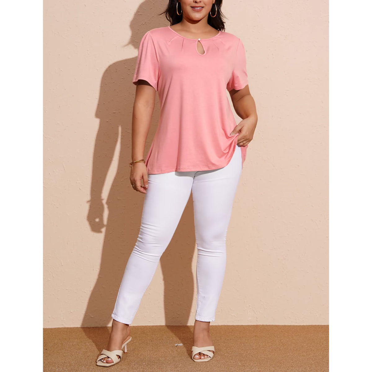 FOLUNSI Women's Plus Size Tops Casual Keyhole Round Neck Pleated Puff Sleeve Blouse m-4x