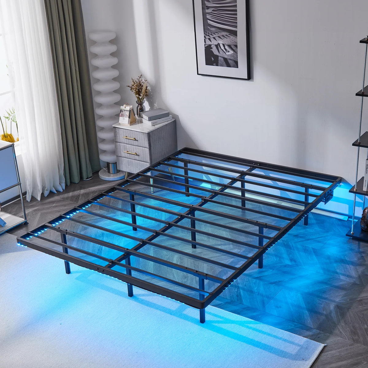 Zimtown Full 14" Floating Bed Frame with USB Charging and LED Lights, Metal Platform Bed, Black