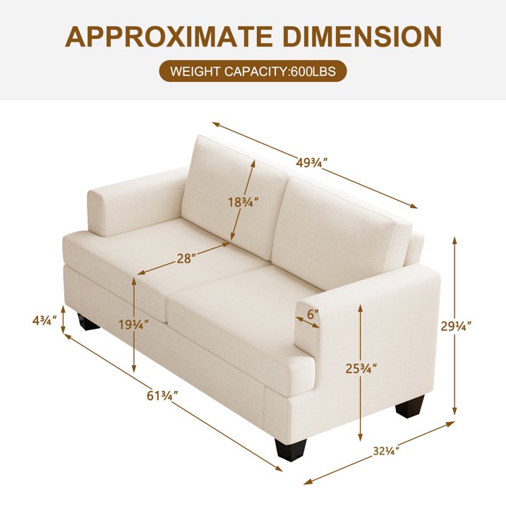 61.75 Comfy Sofa Couch, Modern Upholstered 2 Seater Couch for Living Room, Linen Love Seat Sofa with Wide Armrests and Deep Seats, Beige