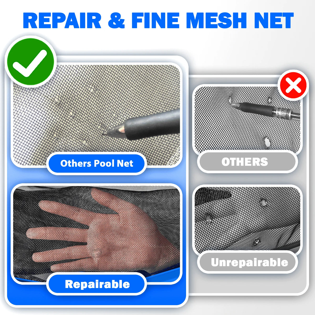 Self-Repair Pool Skimmer Net 17.6" with Heavy Duty Aluminum Frame, Large Deep Fine Mesh for Cleaning Leaf Debris