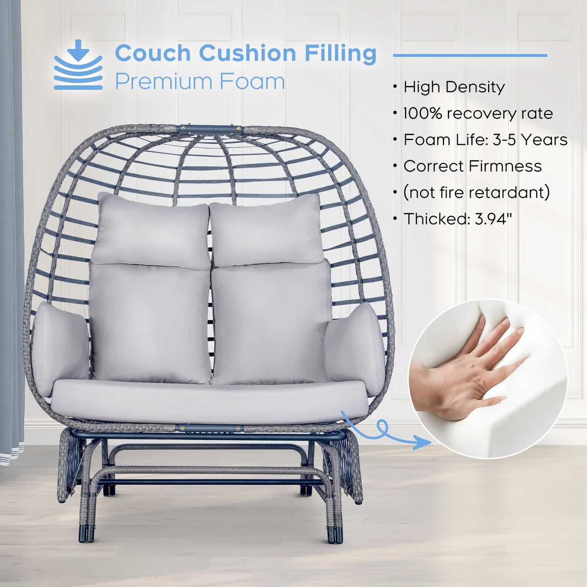 Brafab 2-Person Outdoor Egg Chair Wicker Basket Lounger Chairs with Stand Glider for Home Patio Xmas Gift,Steel Frame,Gray