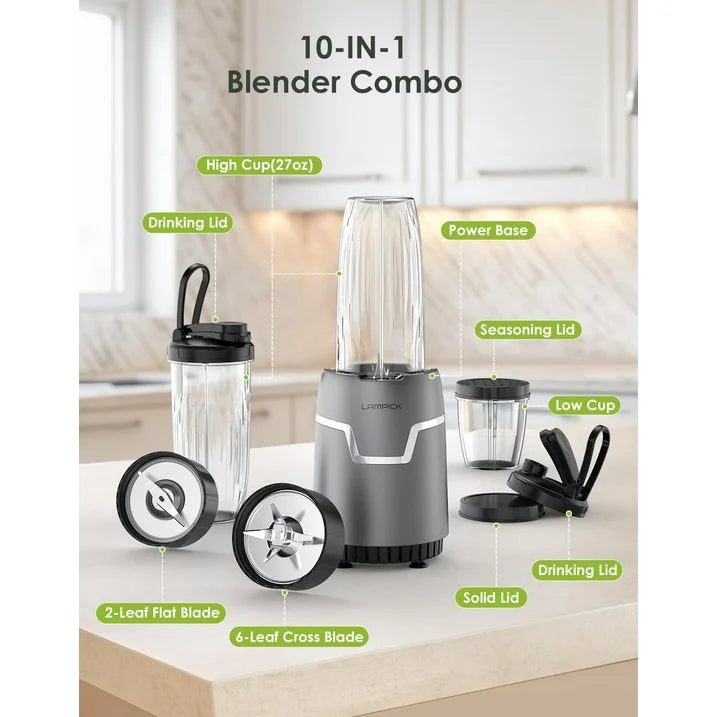 Lampick 1100W Smoothie Blender for Shakes and Smoothies, 3 IN1 Kitchen Personal Blenders and Grinder Combo for Protein Drinks, BPA Free
