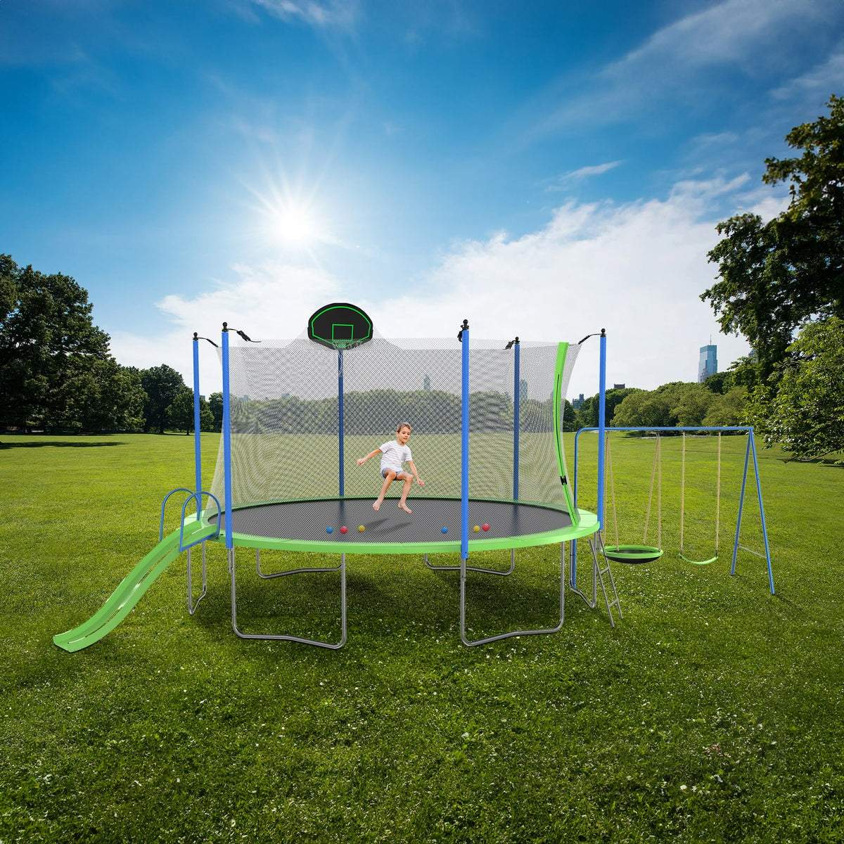 SHINPT 12FT Trampoline with Slide and Swings, ASTM Approval Recreational Trampoline with Basketball Hoop and Ladder, Easy Assembly, Outdoor Fitness Trampoline for Kids and Adults