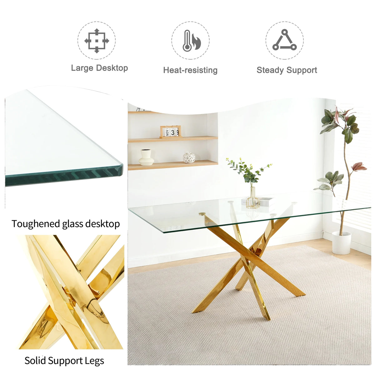 Sumdeal 63" Glass Dining Table Set for 6,Gold Base Dining Room Table with 6 Gold Leg C Shape Chairs