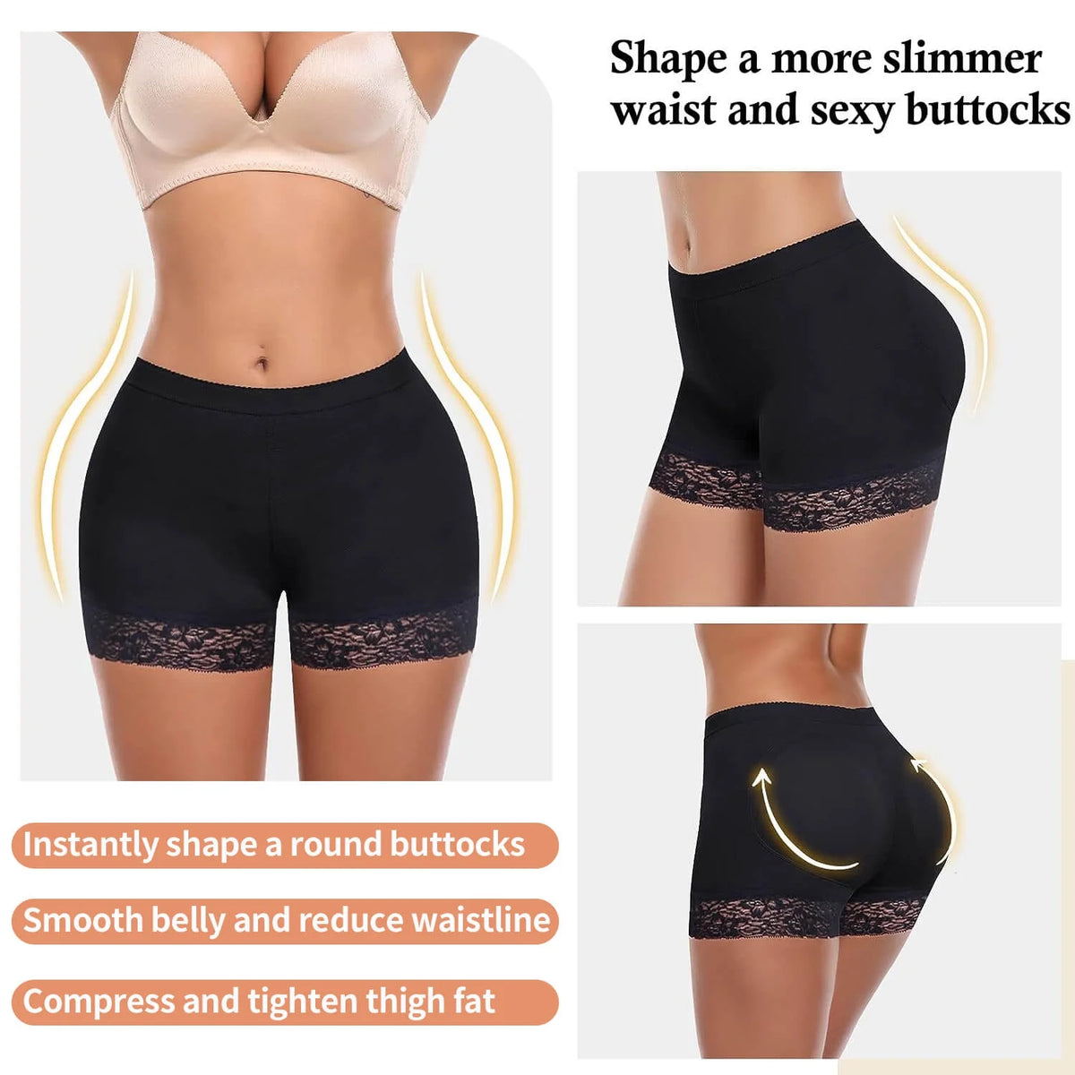 MANIFIQUE Padded Underwear for Women Butt Lifter Seamless Booty Pads Butt Enhancer Panties Lace Shapewear Boyshorts