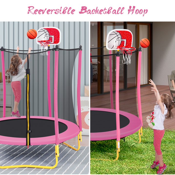 SHINPT 65 Outdoor Indoor Mini Toddler Trampoline with Enclosure Net, Basketball Hoop and Ball Included, Entertainment Trampoline for Backyard, Patio