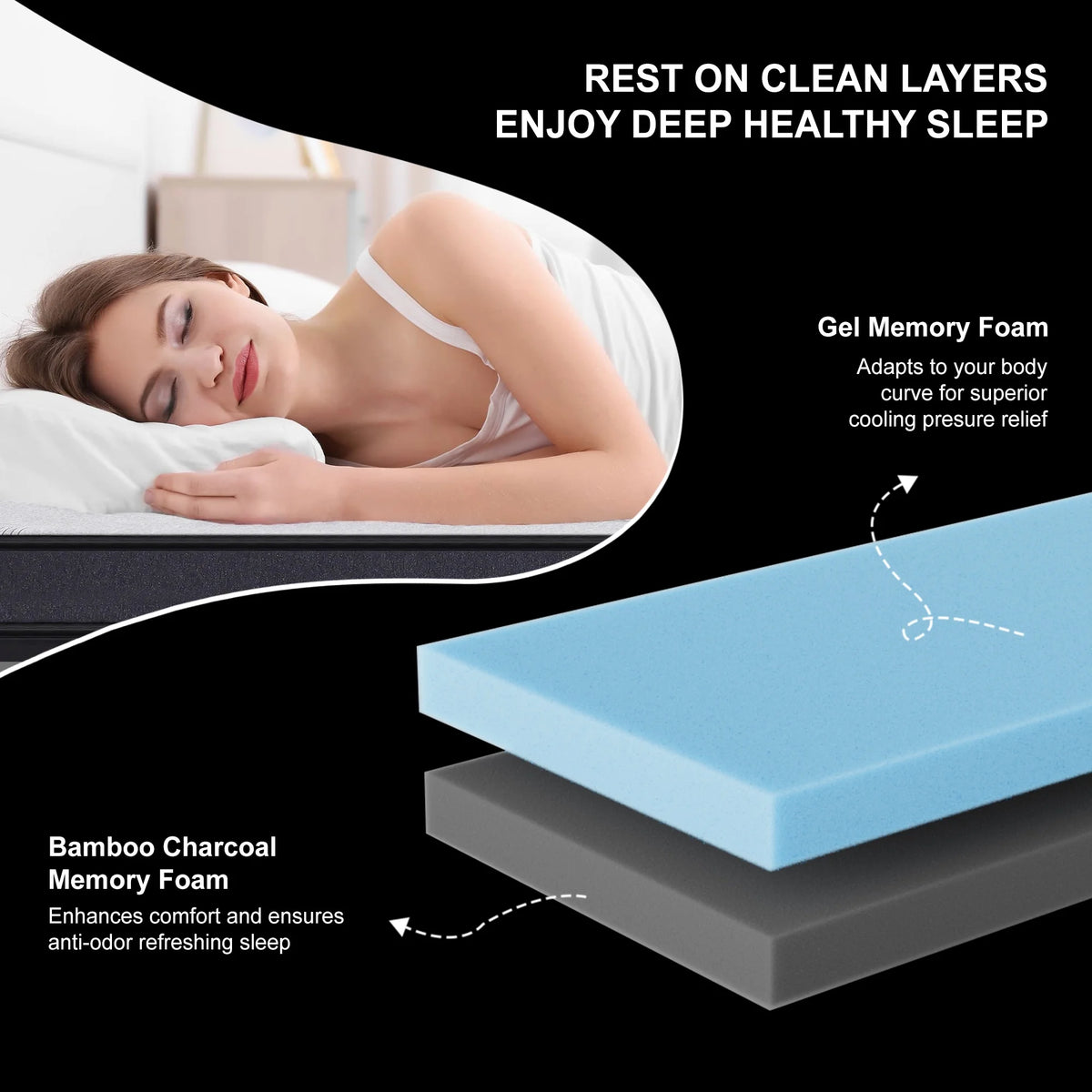 Queen Size Mattress,15 Inch Foam Mattress in a Box with 9 Premium Layers, Medium Firm Charcoal Gel Hybrid Mattress with Pressure Relief and Support for Cool Night, CertiPUR-US Certified