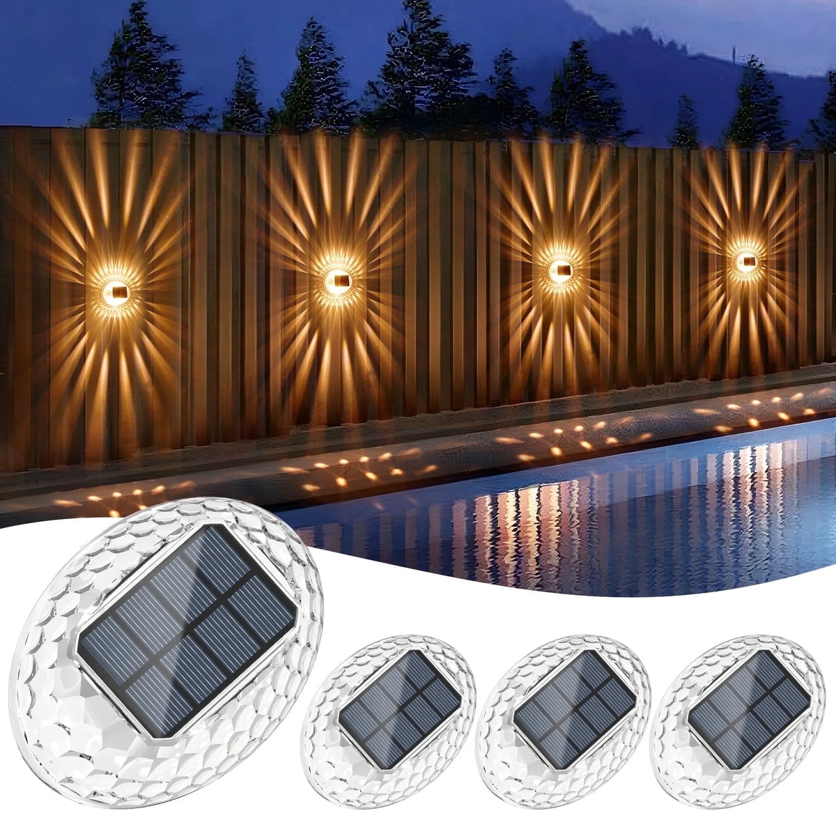 ASHIP Solar Lights, 4 Pack Solar Fence Lights Outdoor Waterproof, Auto On/Off, Warm White Outdoor Wall Decor Lights, Fence Light for Backyard Deck Stairs Garden Patio Decor